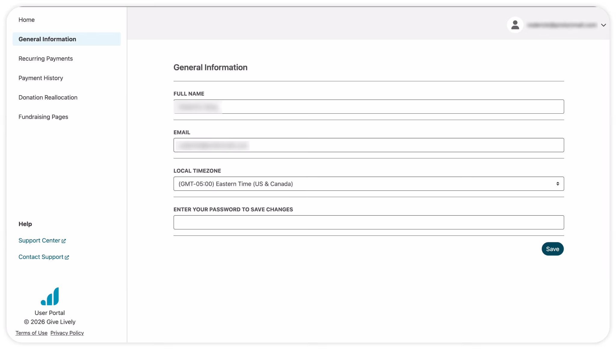 A screenshot of the General Information tab in the User Portal. Fields for editing your account's full name, email, and local timezone are shown as well as a field for entering your password in order to save your changes after clicking on the green "Save" button towards the bottom.