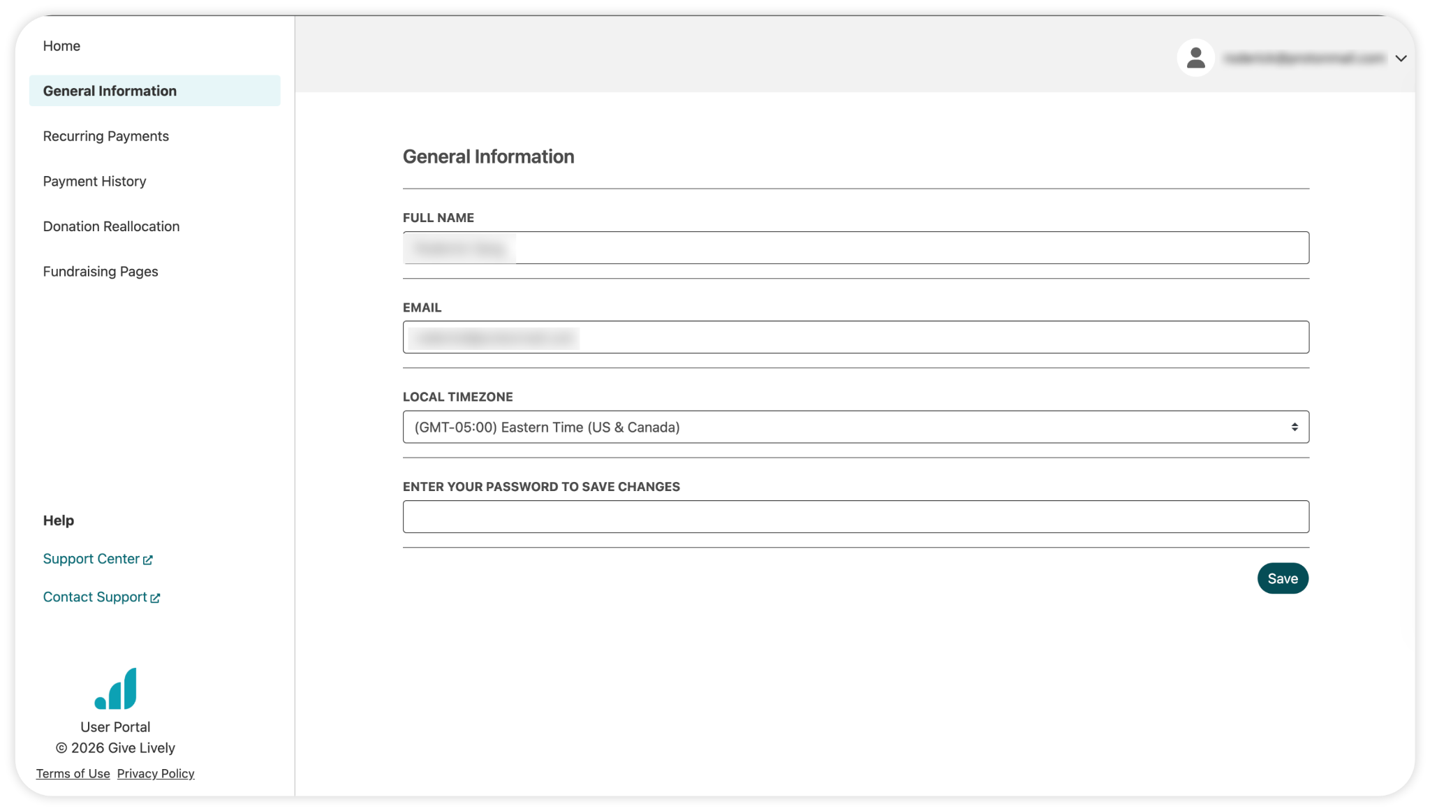 A screenshot of the General Information tab in the User Portal. Fields for editing your account's full name, email, and local timezone are shown as well as a field for entering your password in order to save your changes after clicking on the green "Save" button towards the bottom.