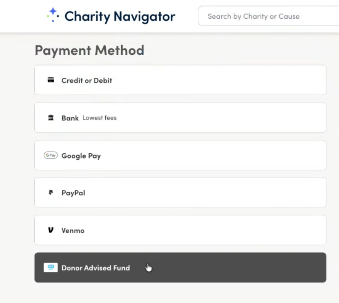 The payment method options available to donors at checkout using Giving Basket on Charity Navigator's website. The methods are Credit or Debit, Bank, Google Pay or Apple Pay, PayPal, Venmo, and Donor Advised Fund.