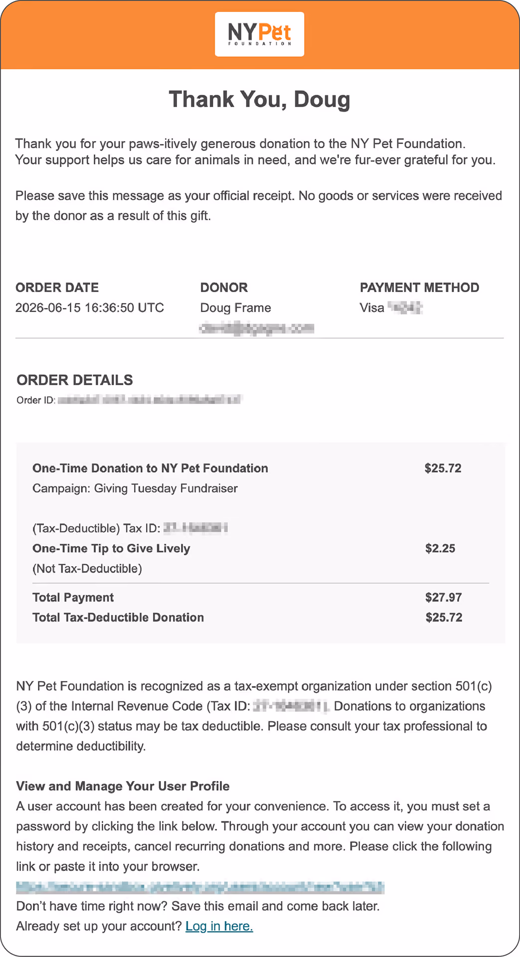 Mocked-up example of a donation receipt email for $25 to the NY Pet Foundation