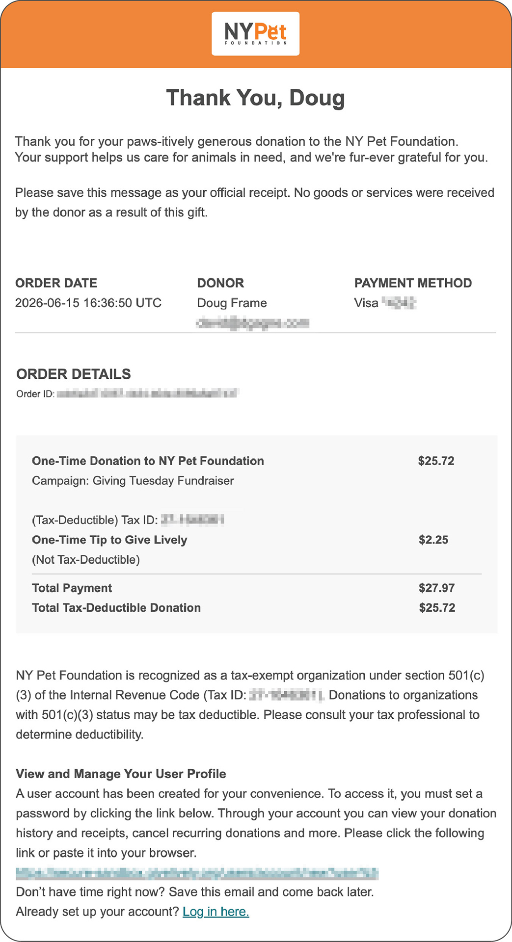 Mocked-up example of a donation receipt email for $25 to the NY Pet Foundation