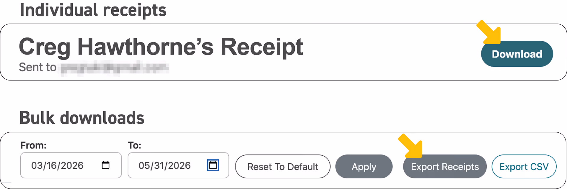 Combined screenshots showing the "Download" and "Export Receipts" buttons in situ for individual receipt downloads and bulk downloads