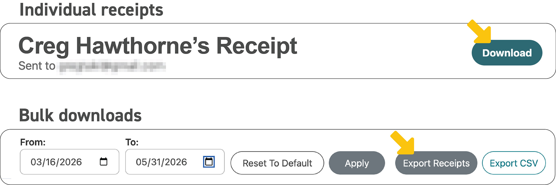 Combined screenshots showing the "Download" and "Export Receipts" buttons in situ for individual receipt downloads and bulk downloads