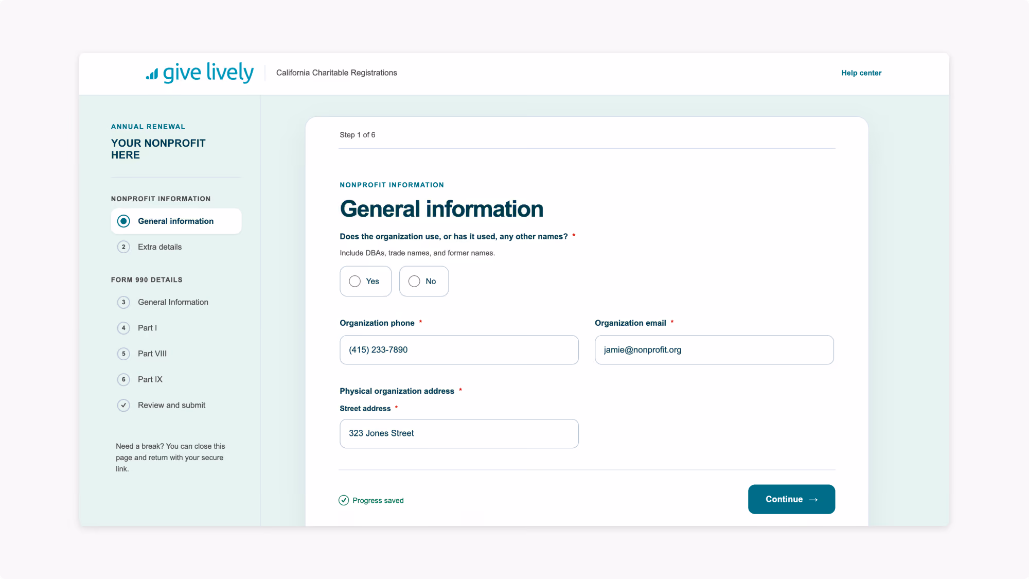 Screenshot of Step 1 of Change-powered process, a page labeled "California Charitable Registrations" for an annual renewal and showing fields for "General Information", including organization phone, organization email, physical organization street address.