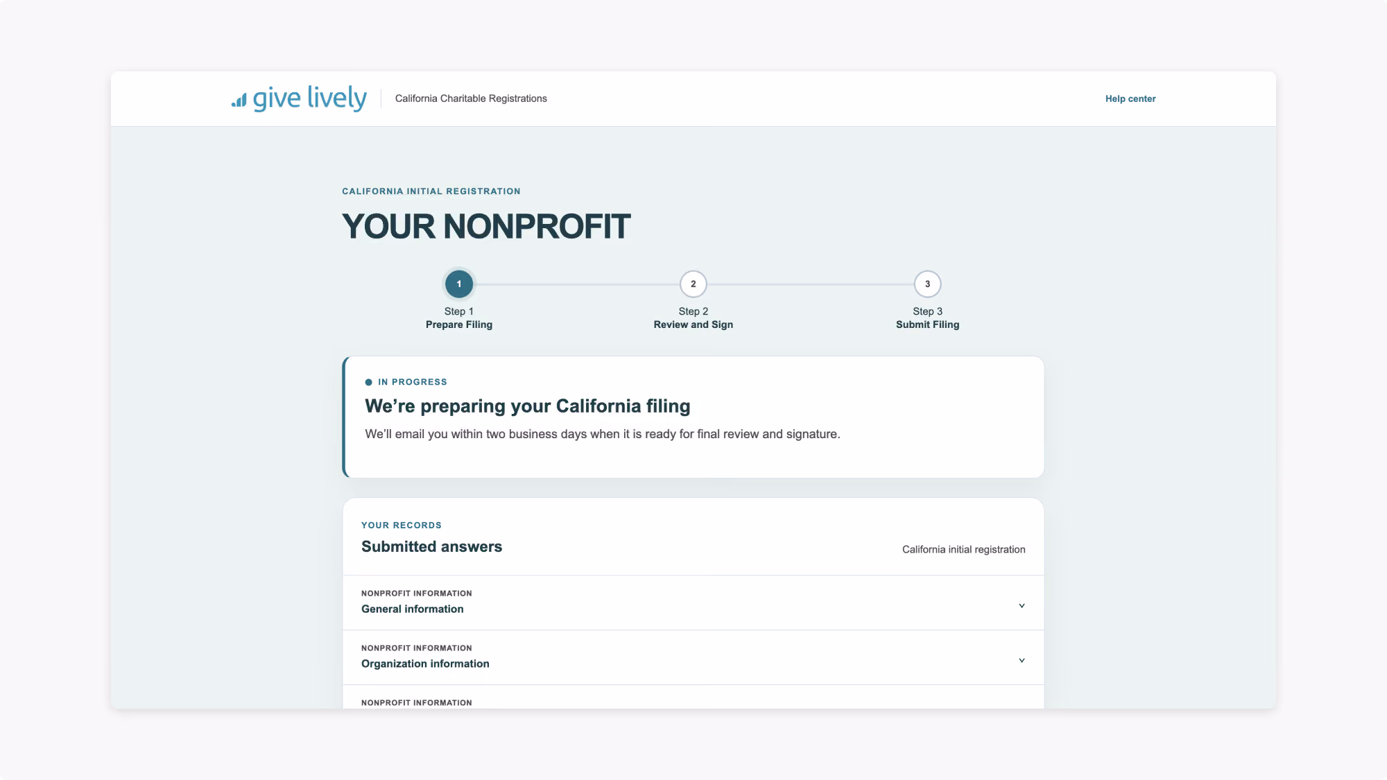Screenshot of Step 2 of Change-powered process: a page labeled "California Charitable Registrations" for an initial registration and showing an "in progress" label: "We're preparing your California filing. We'll email you within two business days when it is ready for final review and signatures."