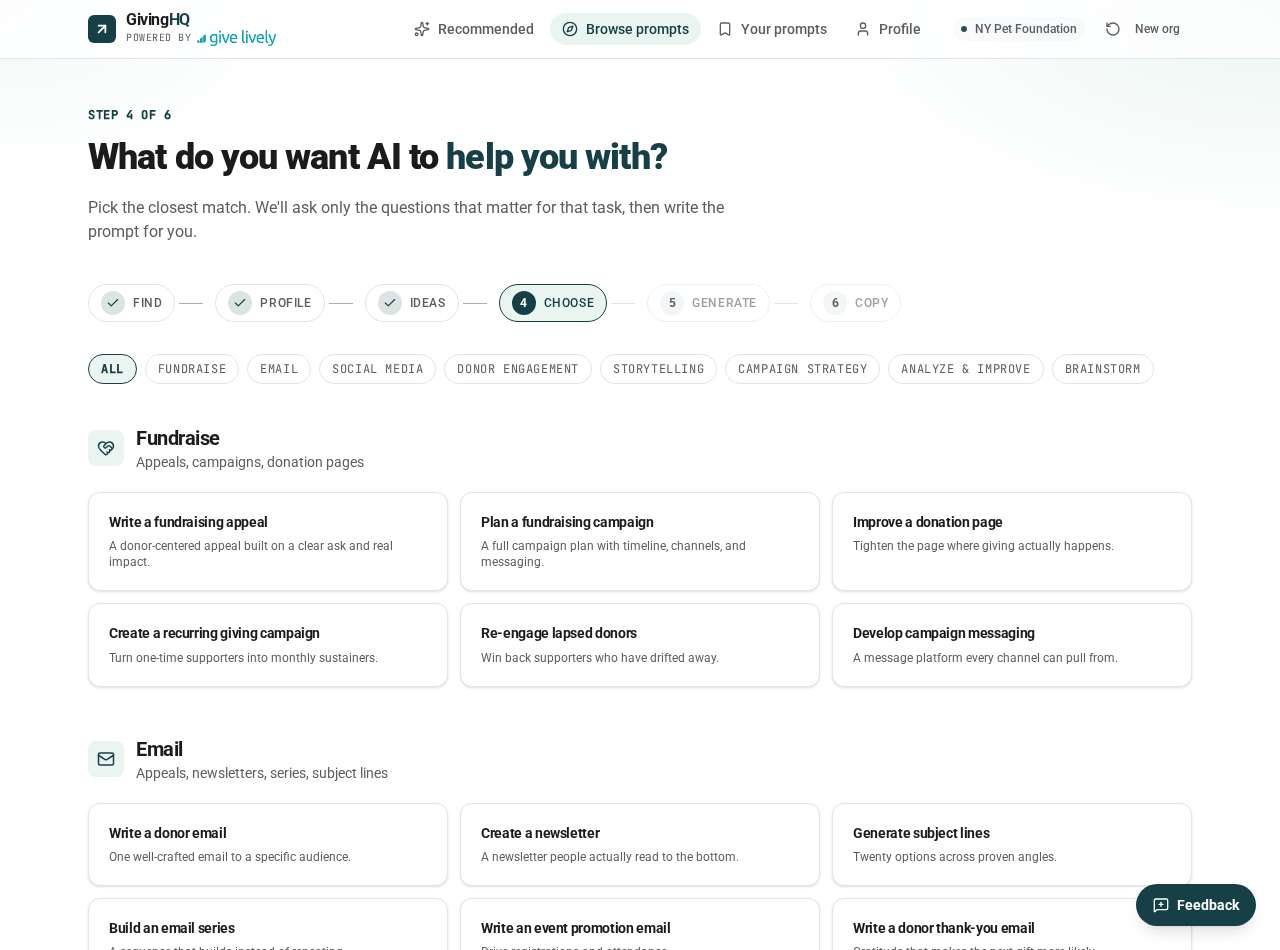 Screenshot of step 4 of the GivingHQ prompt-building process, showing "What do you want AI to help you with?" and then the library of options.