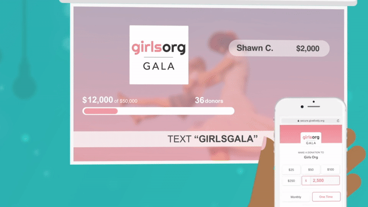 An short animation showing Live Display in action: an animated hand wearing a Beyoncé ring completes a donation on a phone and her gift appears moments later on a Live Display screen as coming from "Beyoncé K."