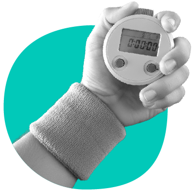 Hand wearing a wristband holding a round digital stopwatch displaying 00:00:00 against a teal circular background.