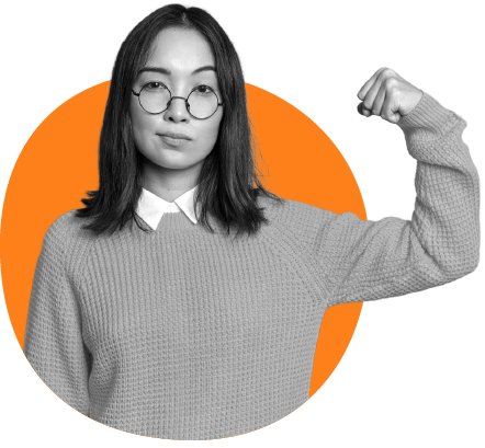 Confident woman wearing glasses and a sweater flexing her arm muscle with an orange circle background.