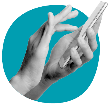 Black and white hands holding and tapping a smartphone against a teal abstract background.