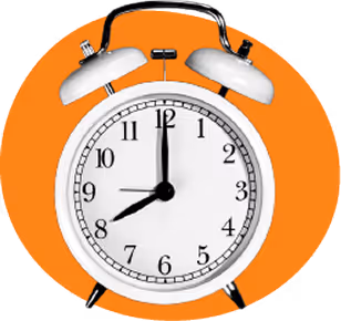 White vintage alarm clock showing time 8:00 against an orange circular background.