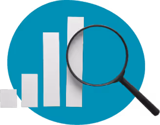 Magnifying glass over a bar chart with three ascending white bars on a teal circular background.