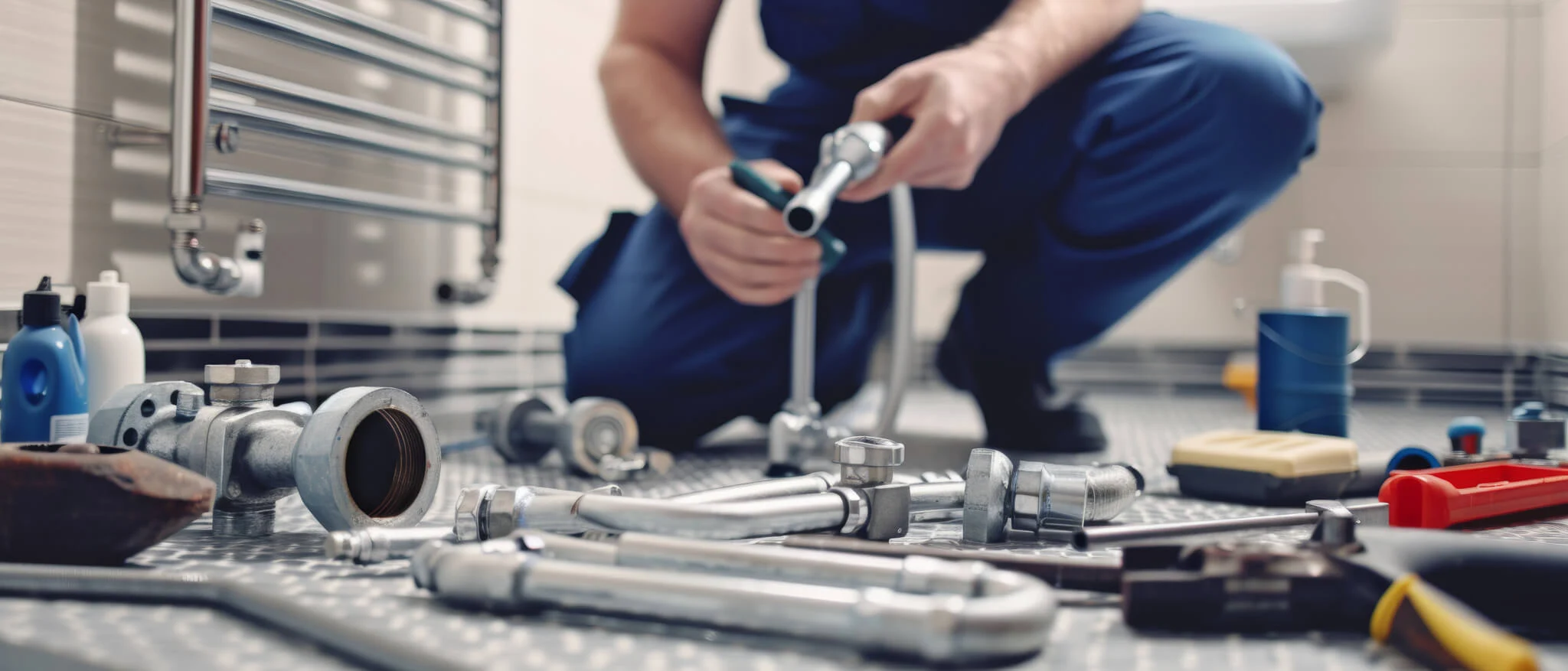 Licensed plumber repairing a common emergency bathroom plumbing problem using professional tools in a GTA home by Galaxy Plumbing 