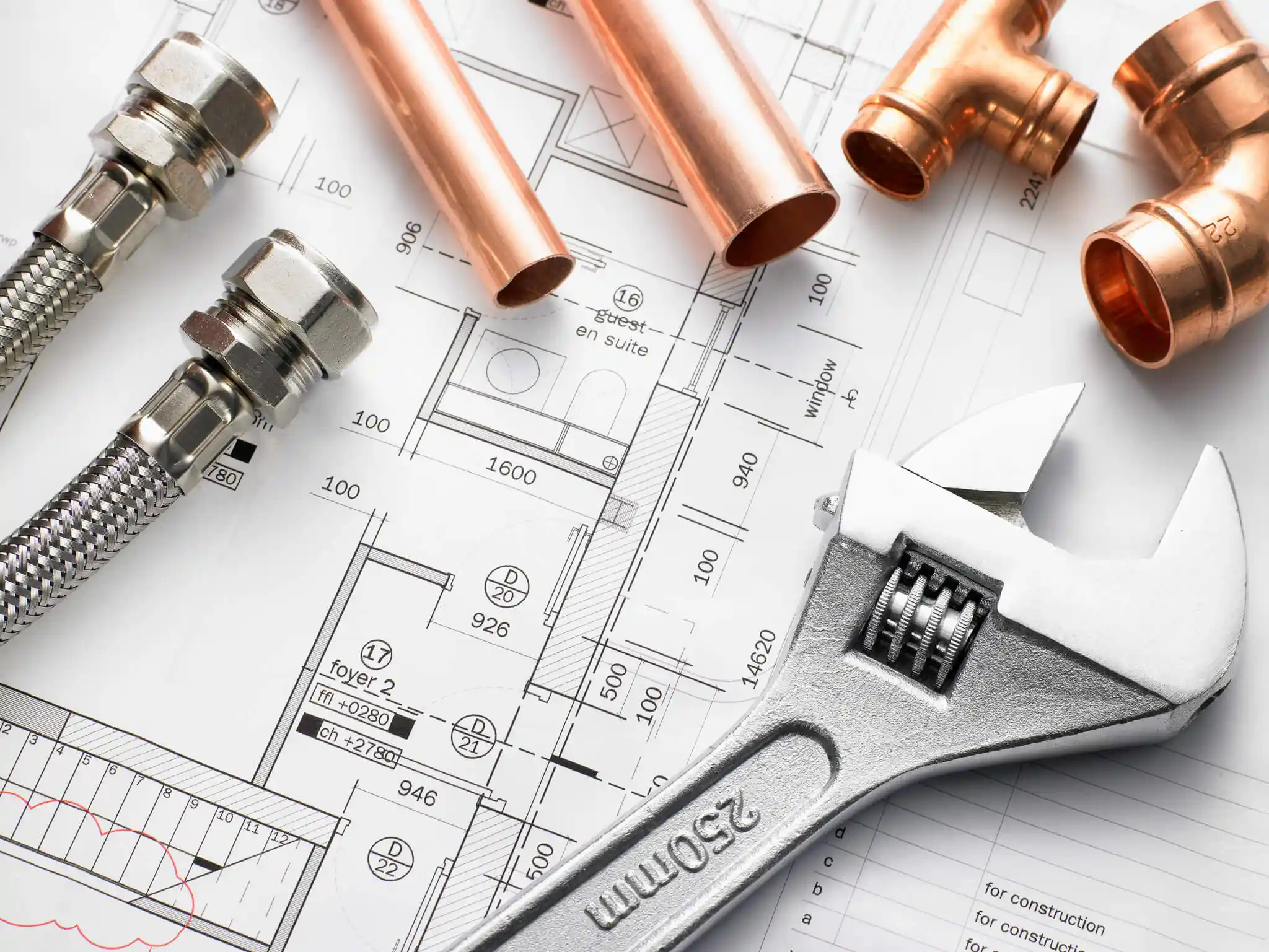 Emergency plumbing preparation checklist with copper pipes, fittings, plumbing tools, and home blueprint 
