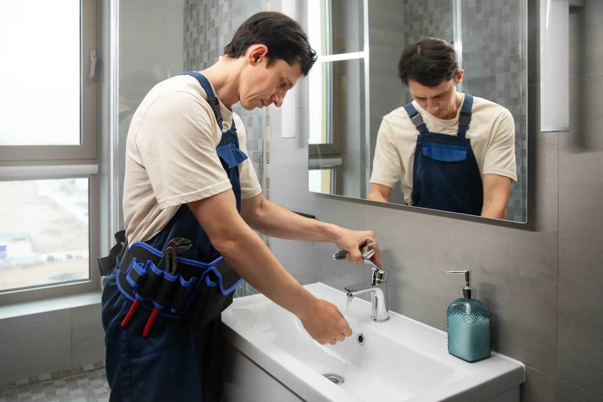 Licensed plumber repairing a bathroom sink faucet in a residential bathroom 