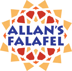 Logo with the text 'ALLAN'S FALAFEL' surrounded by a circular pattern of red and yellow triangular shapes.