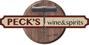 Logo for Peck's wine & spirits featuring a corkscrew over a wooden barrel background.
