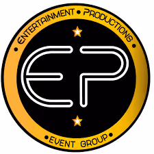 Logo with stylized letters EP in white inside a black and gold circular border reading Entertainment Productions Event Group.