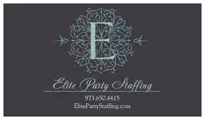 Logo with stylized letter E and floral pattern, text Elite Party Staffing with phone number and website.