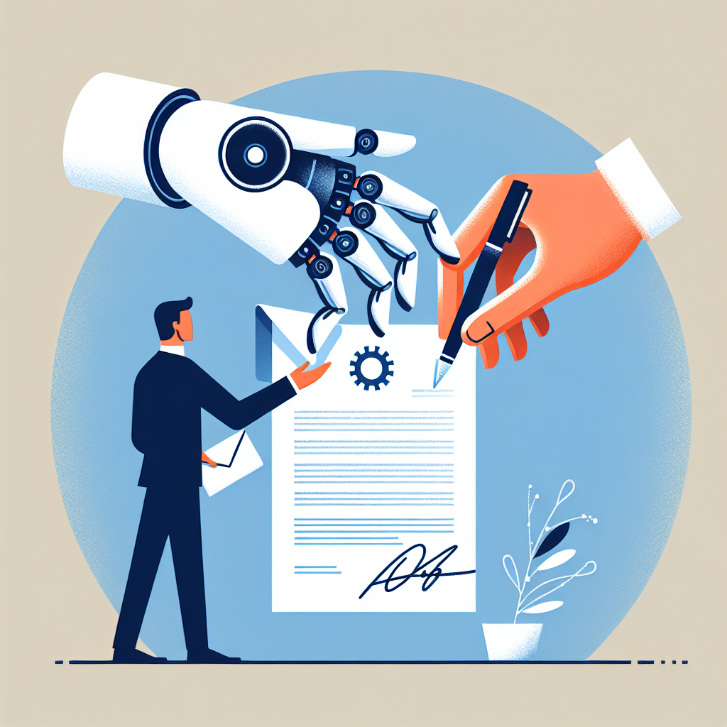 Illustration showing human hand and robotic arm collaborating on crafting a letter - human handles warmth, AI handles research