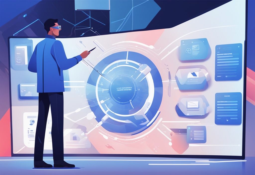 Moderner geometrischer Hintergrund mit blauem Farbschema: Ein professioneller Individuum steht selbstbewusst vor einem großen digitalen Bildschirm, auf dem er controlling Aufgaben organisiert, priorisiert und zuweist, mithilfe einer futuristischen Benutzeroberfläche.