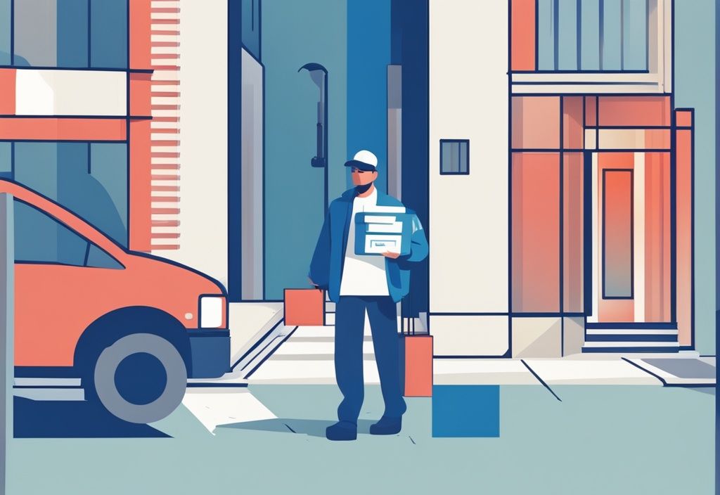 Moderne geometrische Illustration eines Postboten in einer lebendigen urbanen Umgebung, der erfolgreich ein Paket an der Haustür eines Empfängers liefert, Hauptfarbthema Blau.