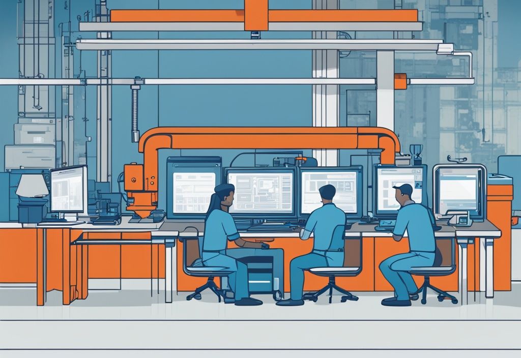 Moderne geometrische Illustration mit blauem Farbthema, zeigt eine geteilte Ansicht: links eine geschäftige, gut ausgestattete Inhouse-Produktionslinie, rechts ein professionelles Outsourcing-Team an Computern.