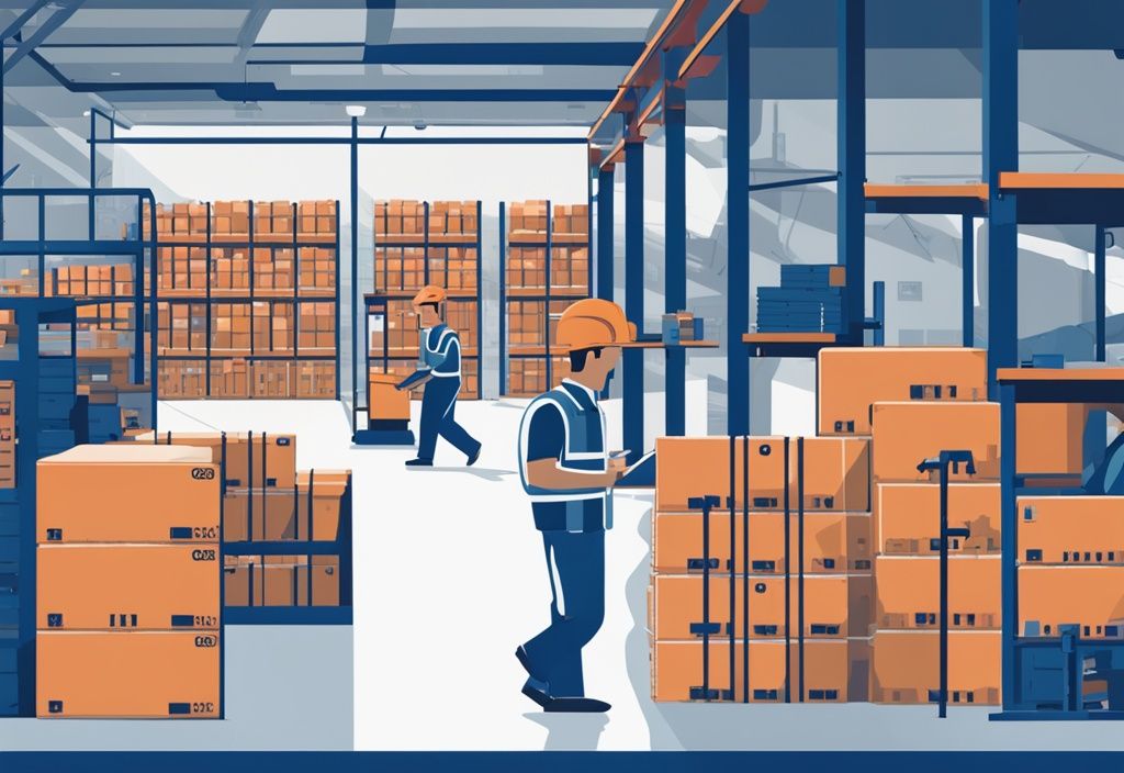 Moderne geometrische Illustration eines geschäftigen Lagers mit blauer Farbthematik, zeigt Arbeiter beim Warenmanagement, einen Gabelstapler beim Transport von Kisten und einen Supervisor mit Klemmbrett.