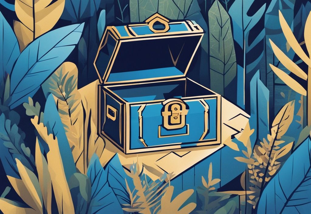 Moderne geometrische Illustration in Blau mit einer Schatztruhe, die diskret in dichtem Laub versteckt ist, symbolisiert stille Reserven.