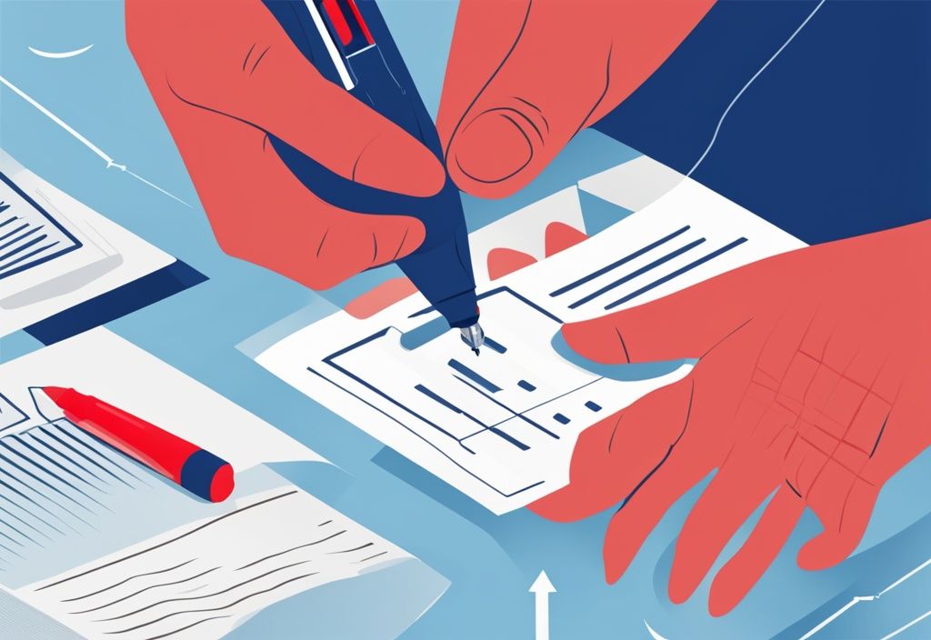 Moderne geometrische Illustration in Blau: Hände halten eine Rechnung mit einem roten Korrekturstift, um Fehler zu markieren und zu korrigieren, rechnungskorrektur.