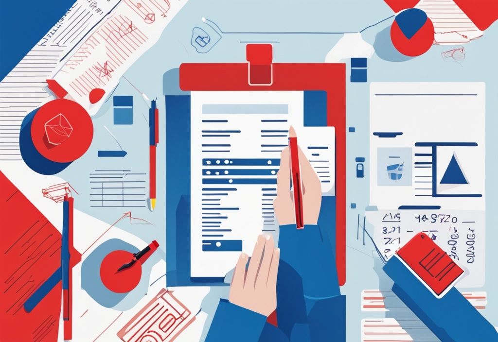 Moderne geometrische Illustration in Blau: Hände halten eine Rechnung und korrigieren mit einem roten Stift.