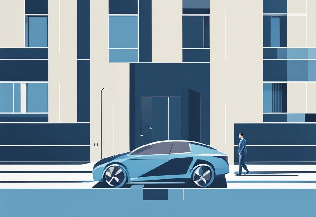 Moderner geometrischer Illustration mit blauem Farbthema: Geschäftsmann steigt aus einem eleganten Firmenwagen in einer privaten Einfahrt, was auf firmenwagen privatnutzung hinweist.