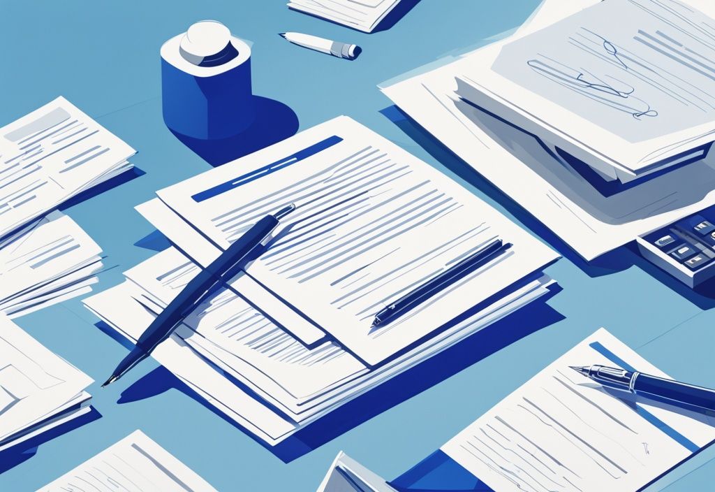 Moderne geometrische Illustration in Blau mit einem Stapel unterzeichneter Investitionsverträge und einem Stift, der das Konzept des gezeichneten Kapitals symbolisiert.