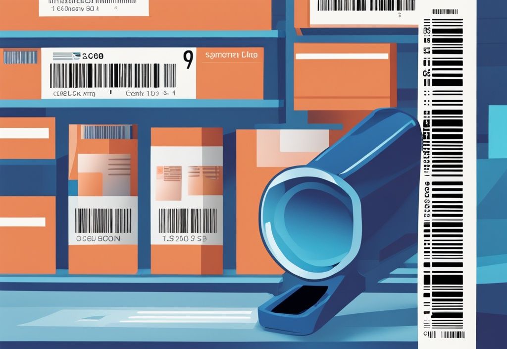 Moderne geometrische Illustration in Blau mit einem Barcode-Scanner, der einen ASIN EAN-Code auf einer Produktverpackung scannt.
