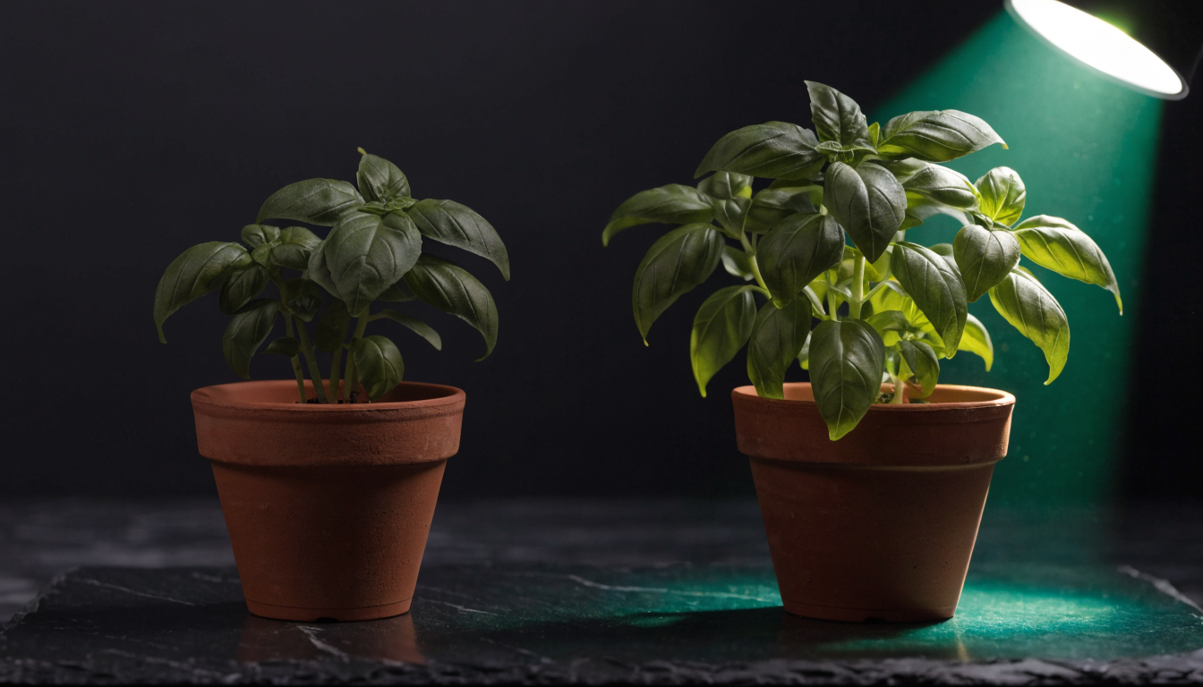 Two identical potted basil plants side by side, one under a green grow lamp and visibly fuller, the other in ambient light and smaller, representing a test group and a control group