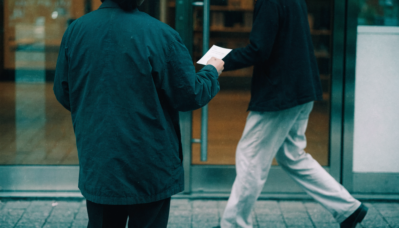 A person seen from behind standing in front of a shop entrance handing a flyer to someone who was walking toward the door, representing a competitor intercepting customers who were already coming to you