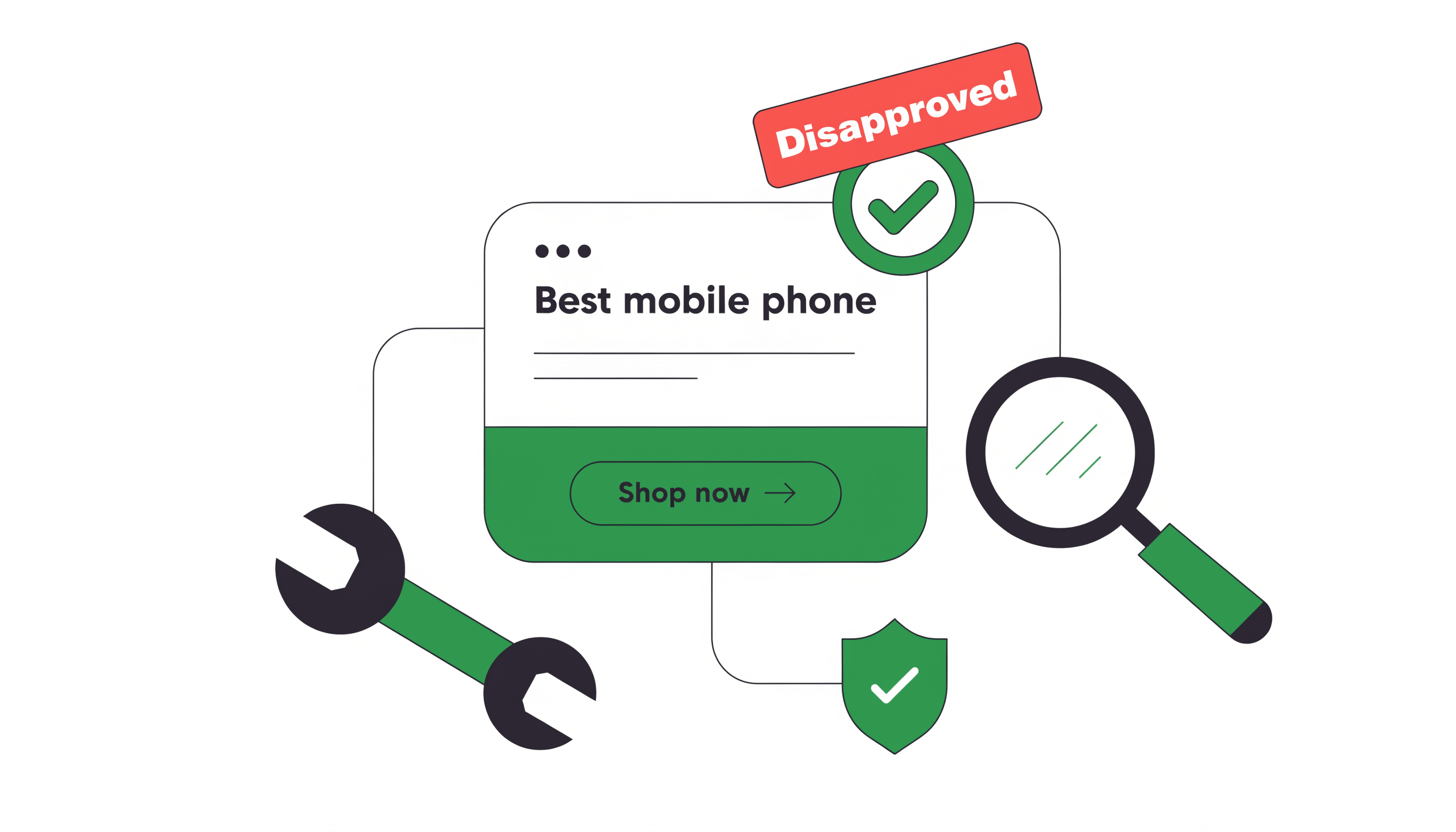 A Google search ad card with a disapproved stamp peeling away to reveal an approved green checkmark