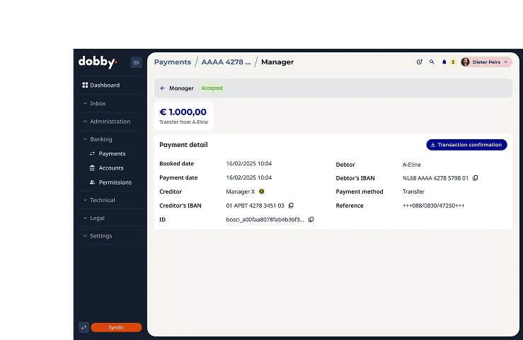 Banking dashboard showing a €1,000 transfer payment detail from A-Eline, accepted status.