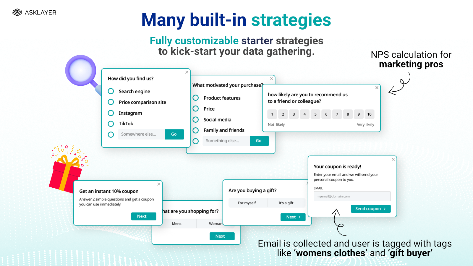 20+ built in survey strategies such as post-purchase, NPS etc