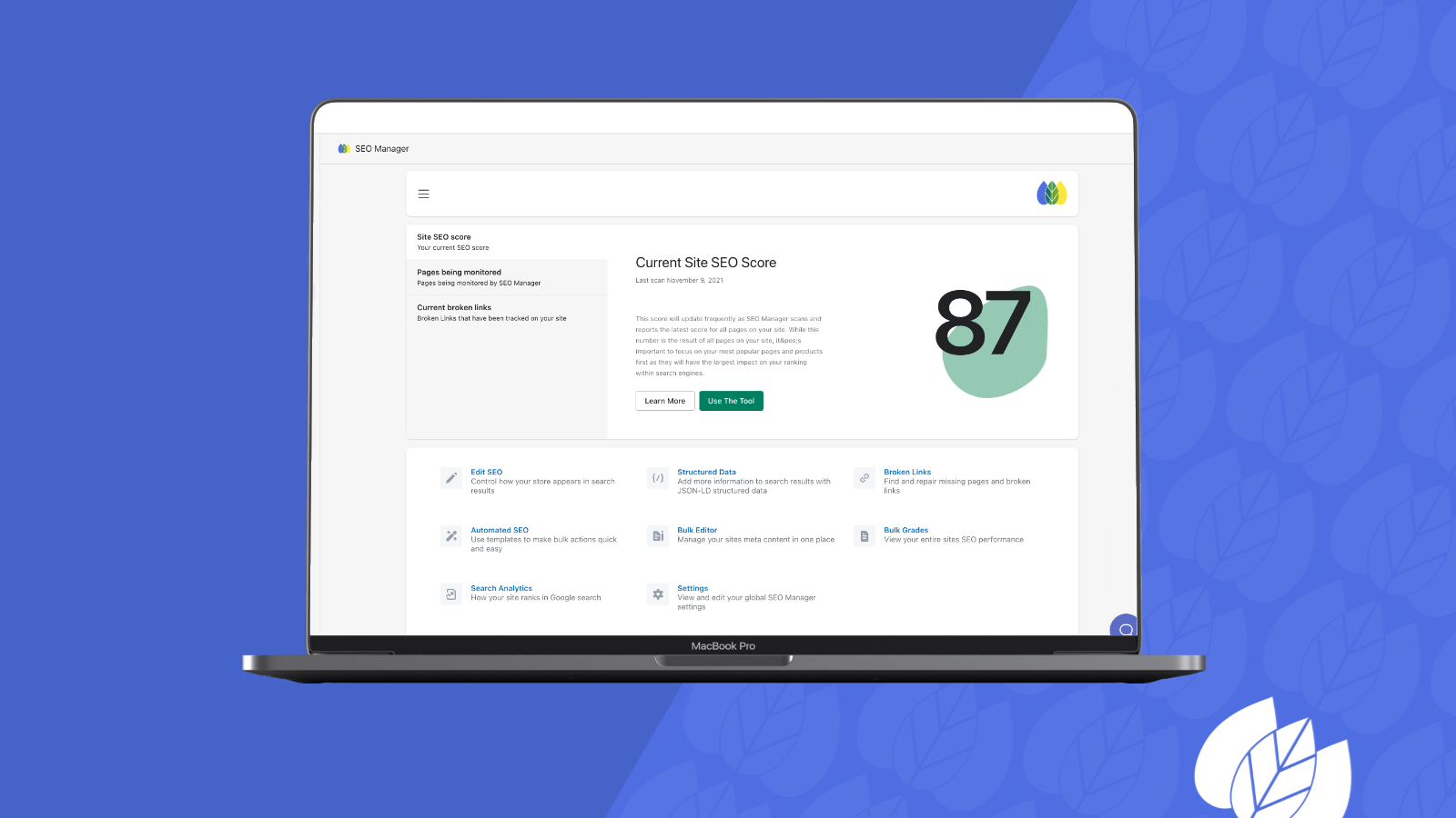 SEO Manager dashboard showing real-time SEO analysis for Shopify product pages