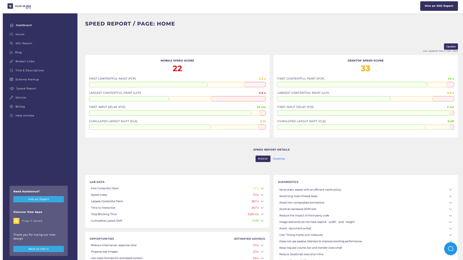Plug In SEO dashboard showing SEO reports and metrics to fix and optimize Shopify stores