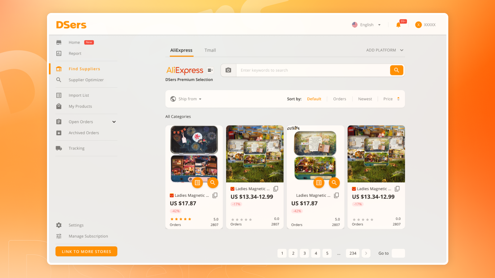 DSers app interface showing product import from AliExpress to Shopify