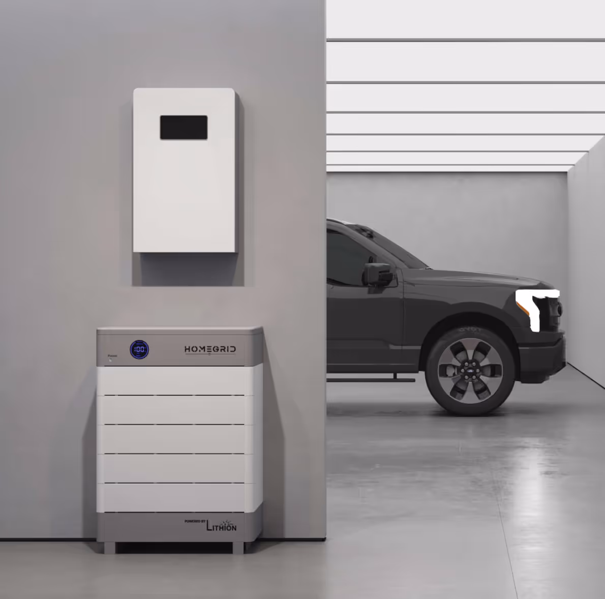 Home energy storage system with digital display mounted on a wall and floor in a modern garage with a parked black pickup truck.