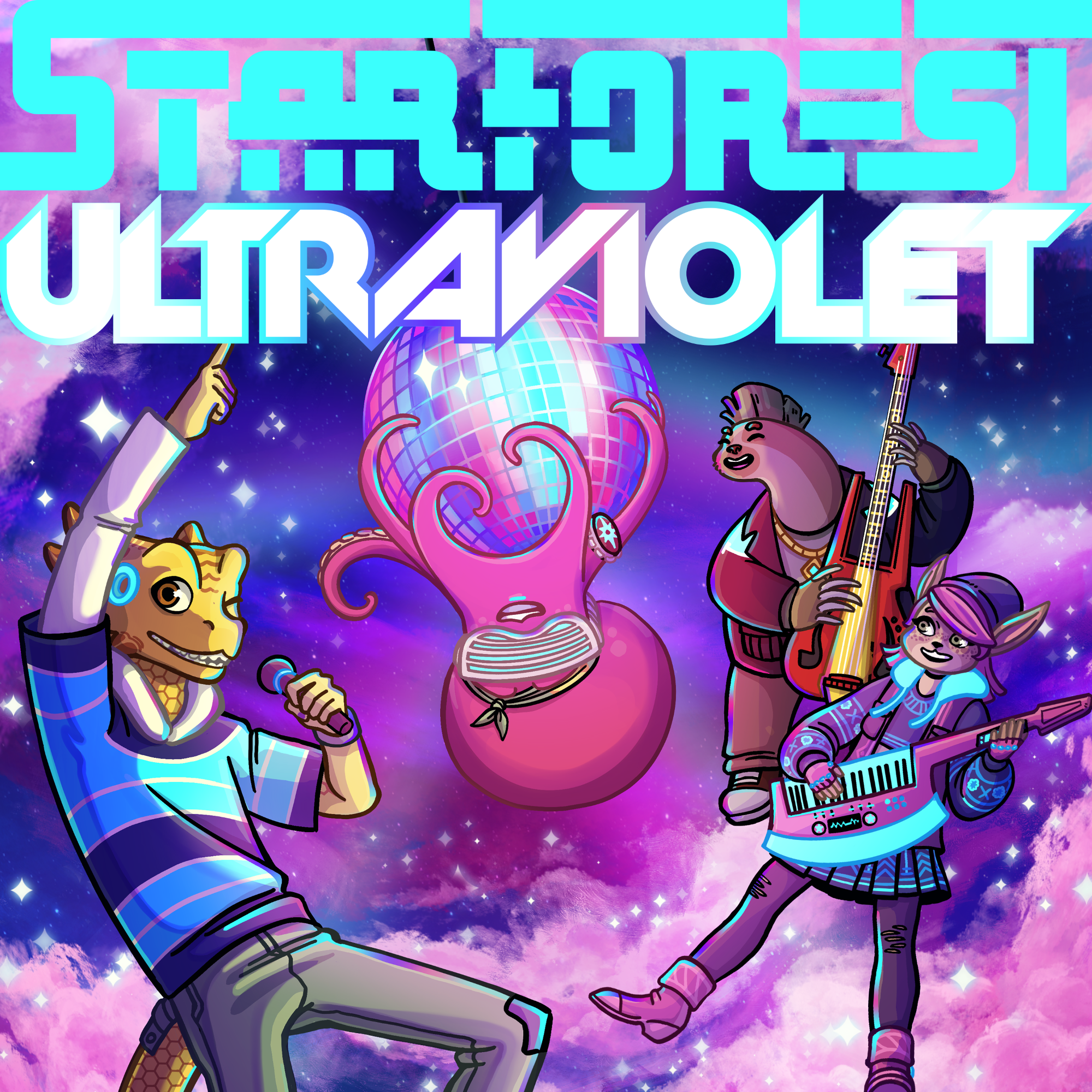 Twig, on the left, points to the sky while singing, Fawn and Sluuth play their instruments on the right, and Rocky swings from a disco ball while all of them are floating in a swirl of bubblegum pink clouds.
