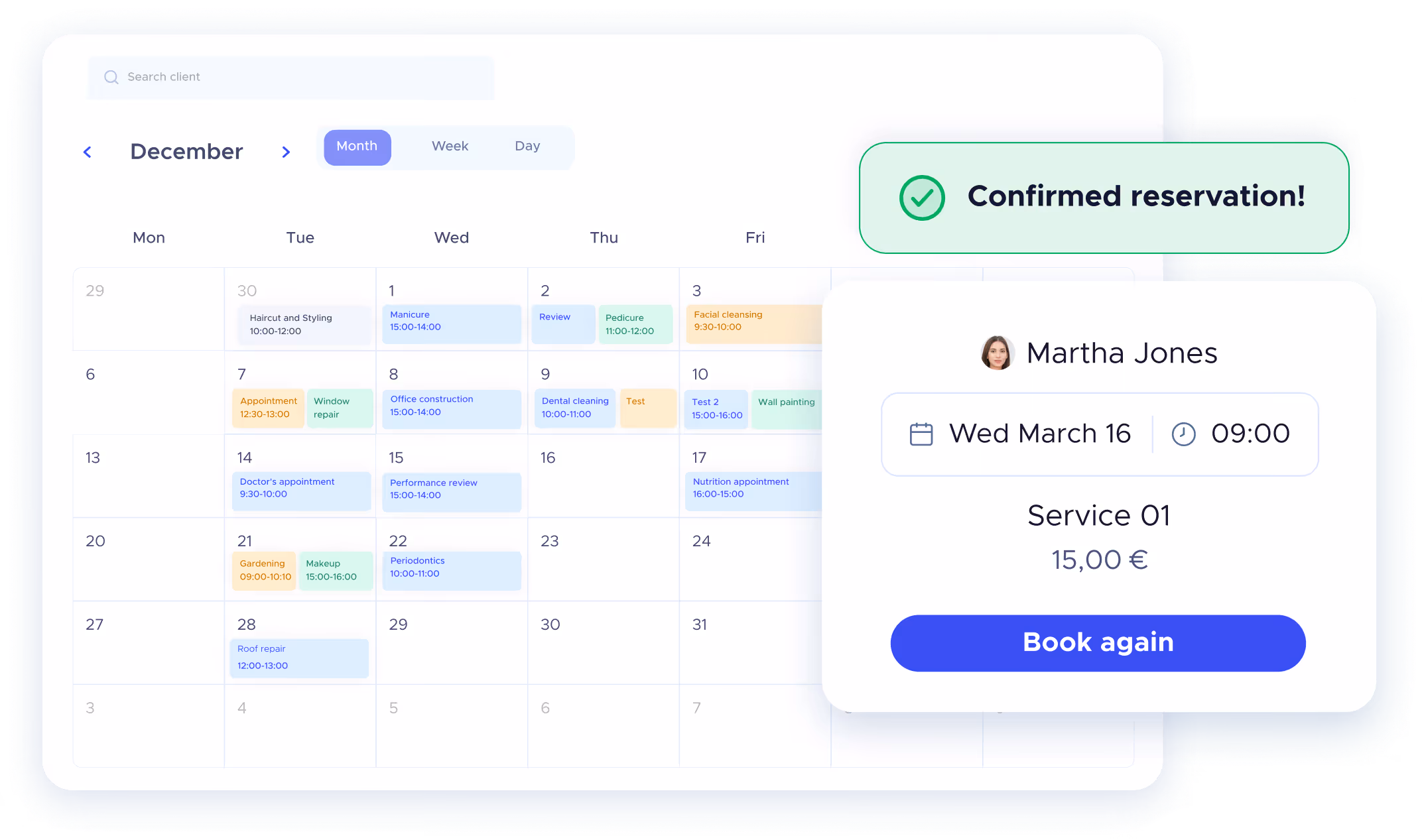 Appointment calendar with confirmed booking for professional services