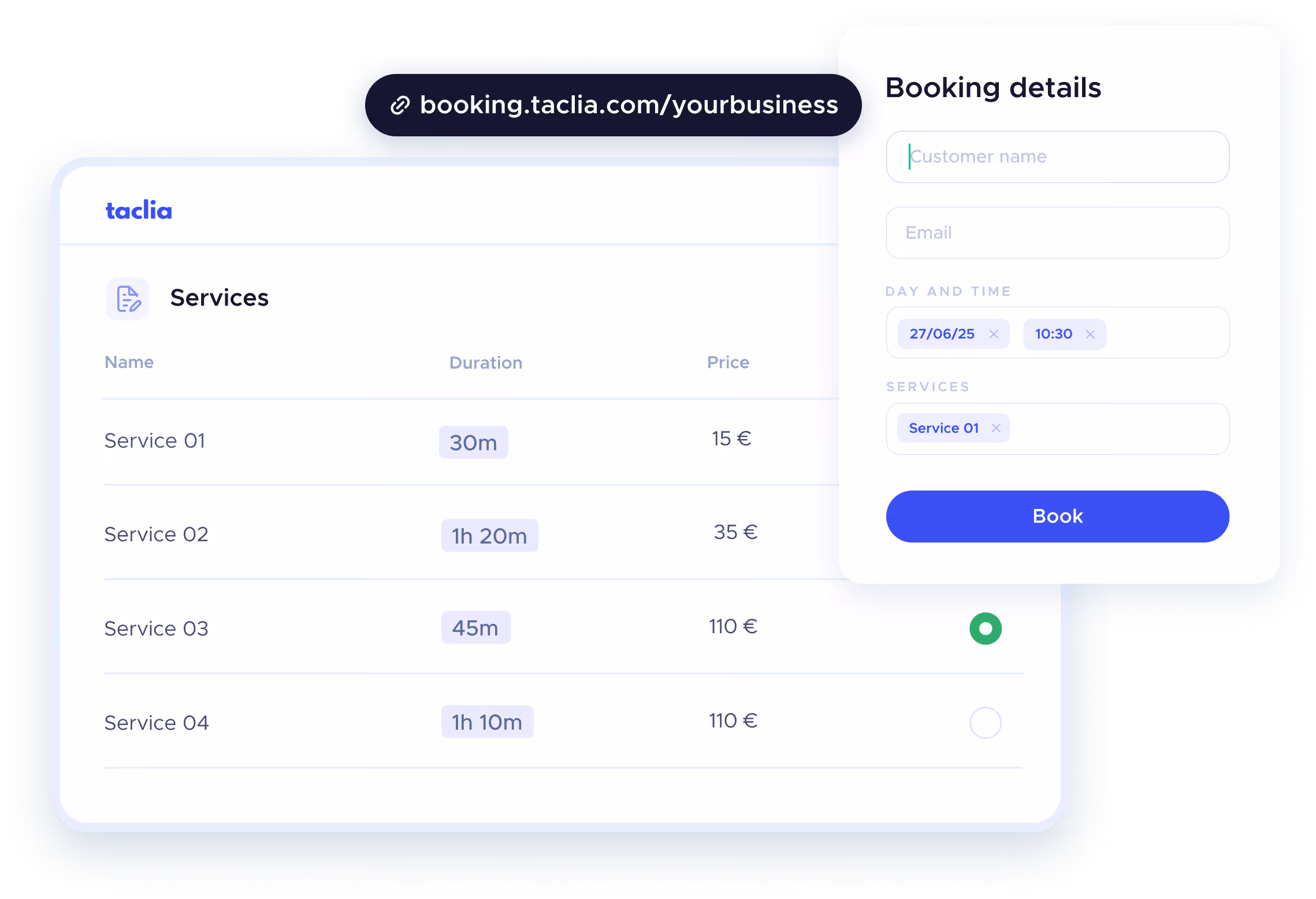 Online booking page where the client selects service and time