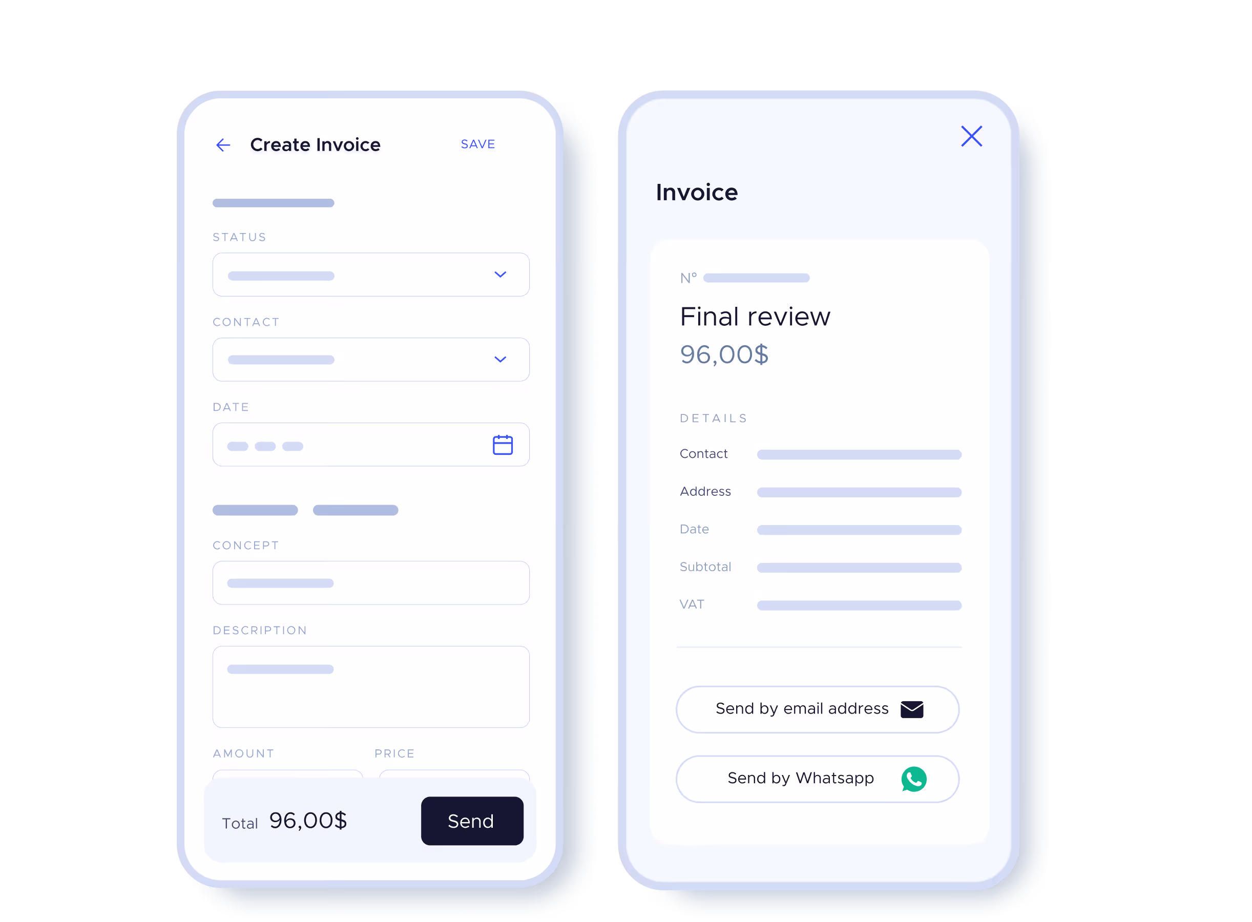Custom app showing invoice creation and sending by email or WhatsApp from a mobile interface.