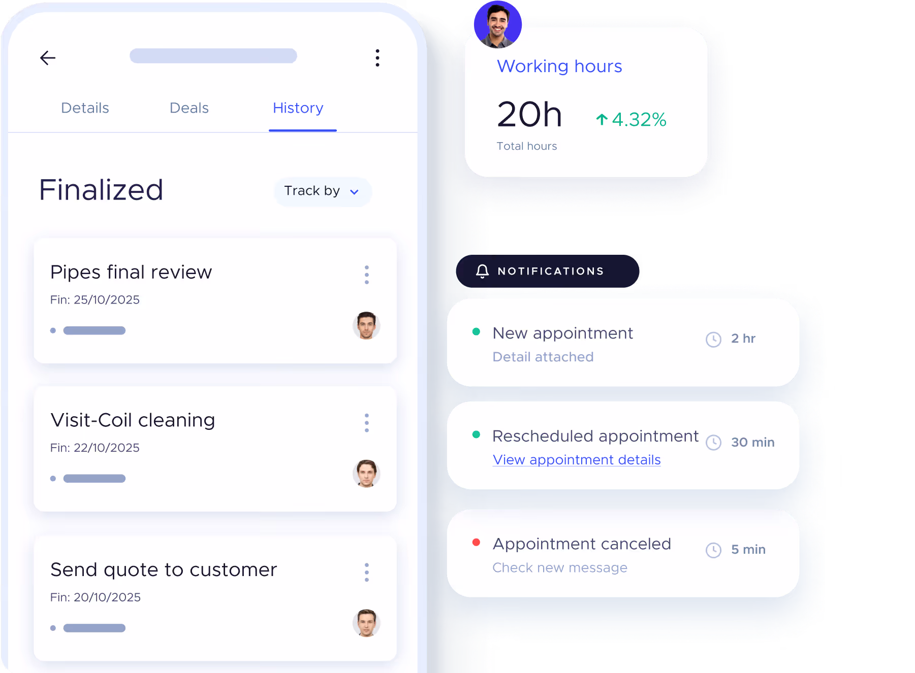 Custom app showing task history, worked hours and recent notifications on mobile.
