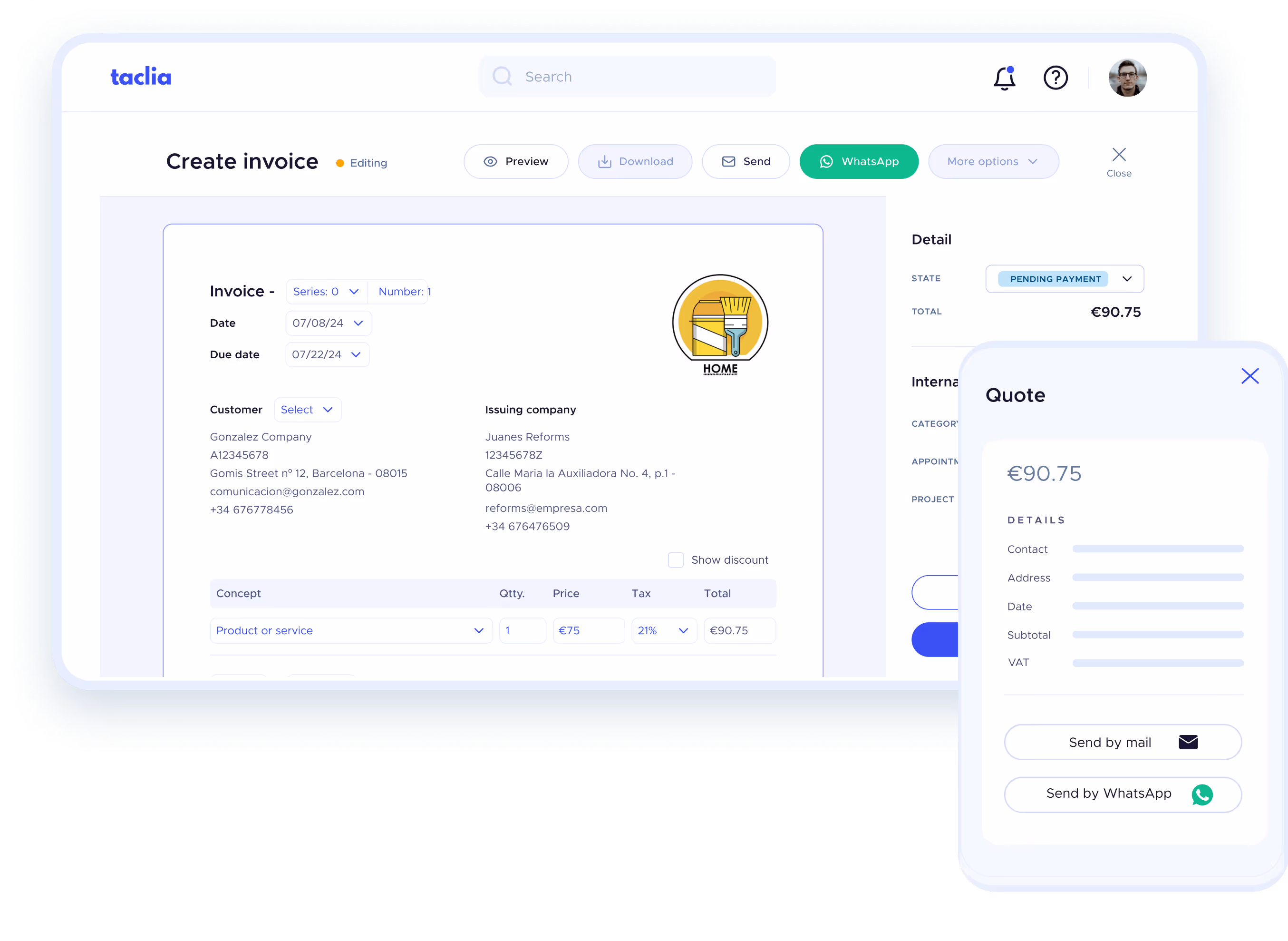 Invoice creation screen with summary and quote ready to send