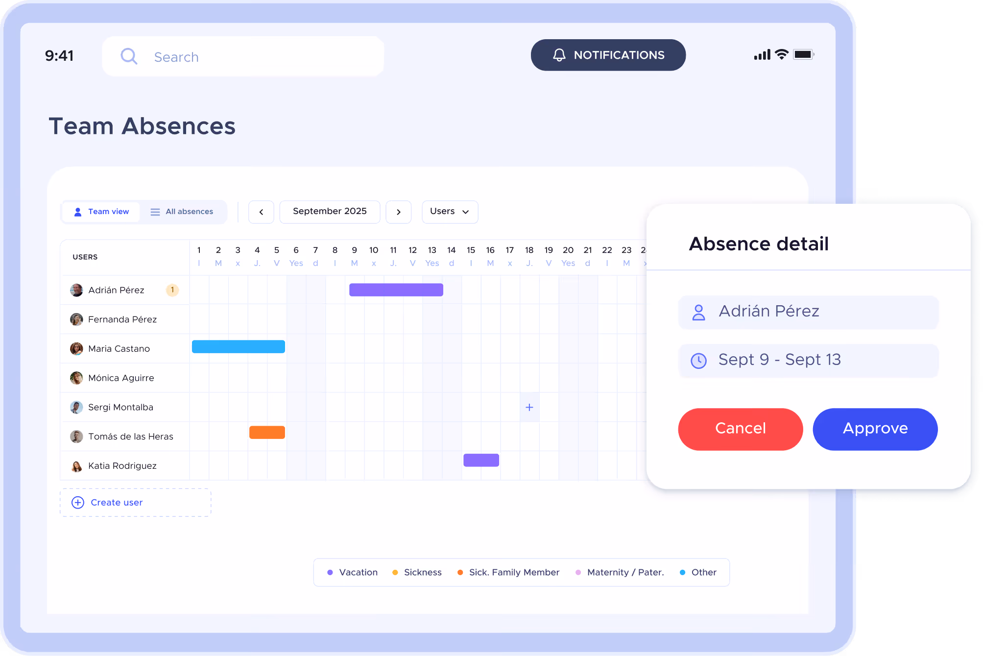 Team absence calendar showing employee vacations and leave